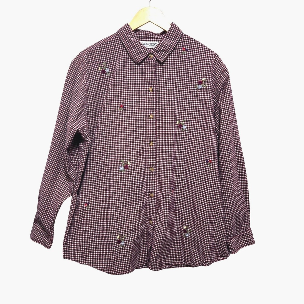 VTG‎ Cabin Creek Womens Top 20W Burgundy Gingham Floral Embroidered Cottagecore